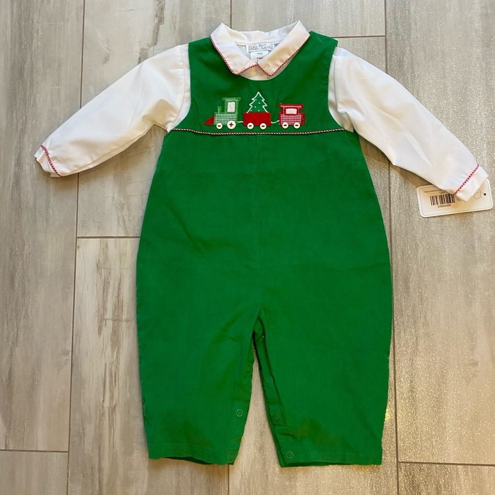 NWT Petit Ami Green Corduroy Train Longall Romper w/ Matching Shirt Set boys 12M